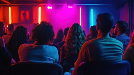 A stand-up comedy audience bursting into laughter, intimate club setting, neon stage lighting