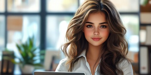 Young woman with long hair using a laptop in a bright, cozy cafe during the afternoon