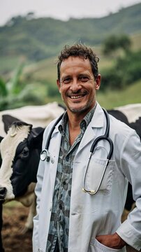 veterinarian examines cows in the background