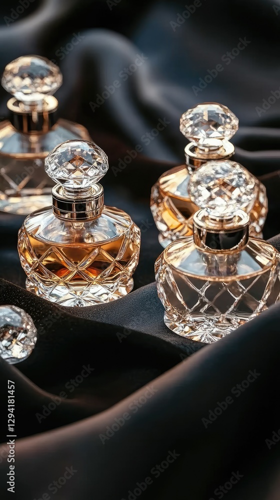 Poster elegant perfume bottles arranged on a soft black fabric display showcasing luxurious fragrances and 