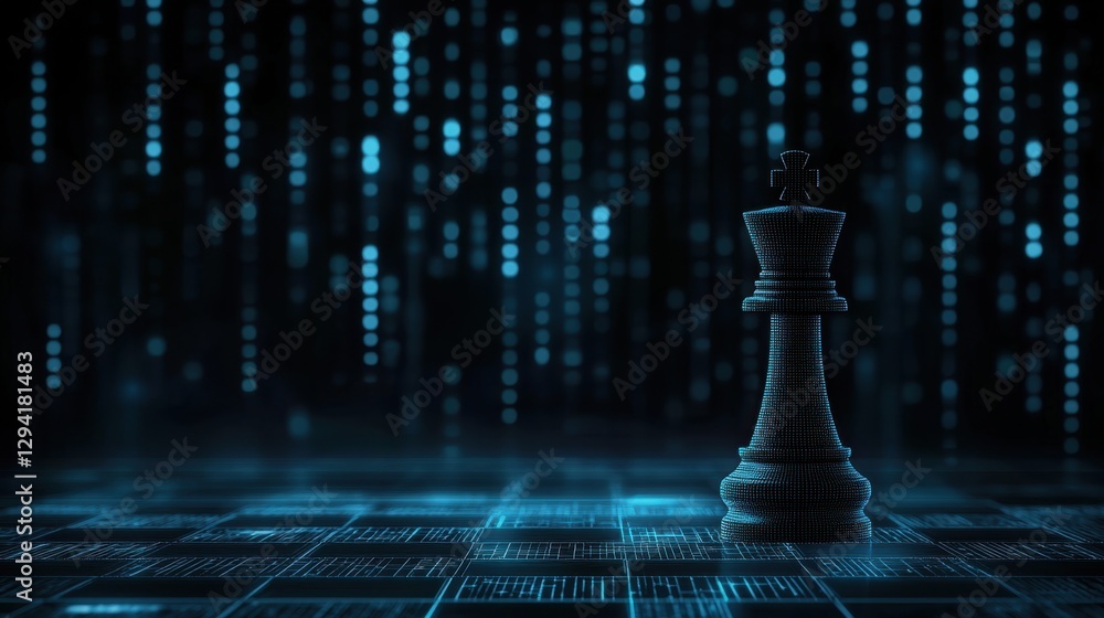 Poster digital chess king piece on abstract blue background with glowing lines and dots representing techno