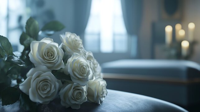 A bouquet of white roses on the table next to an open casket in the background, with a blurred focus. The scene with warm lighting from inside a funeral home