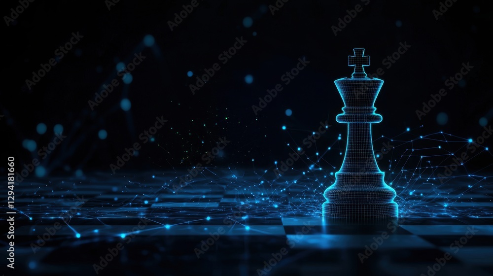 Poster digital chess king in 3d with futuristic background and glowing connections representing strategy an