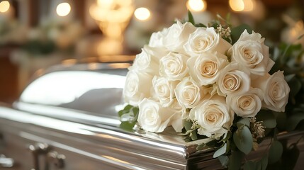Obraz premium A bouquet of white roses on the table next to an open casket in the background, with a blurred focus. The scene with warm lighting from inside a funeral home