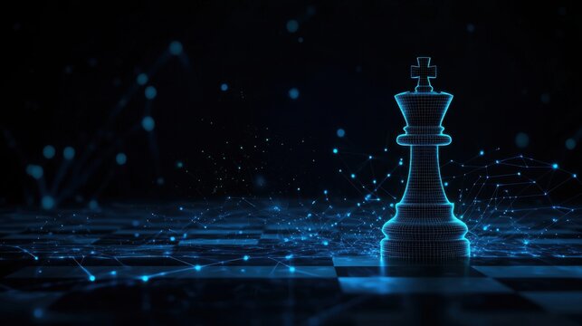 Digital Chess King in 3D with Futuristic Background and Glowing Connections Representing Strategy and Intelligence in a Gaming Concept