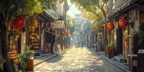 Fototapeta premium A street where each step leads to a different historical period, seamlessly blending past and future