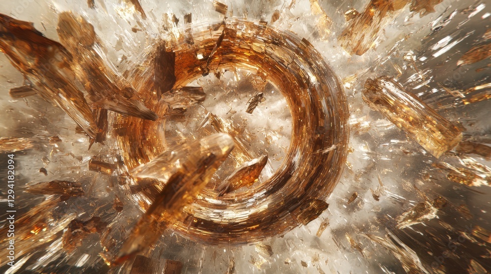 Poster abstract explosion of crystal shapes in golden tones surrounded by dynamic energy and fragments in a