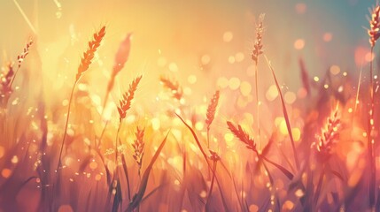 Fototapeta premium A field of golden wheat with a bright sun shining on it