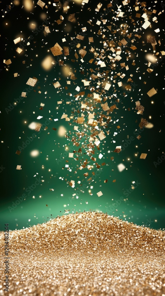 Poster sparkling gold particles cascade from above, creating a shimmering mound on a deep green background,