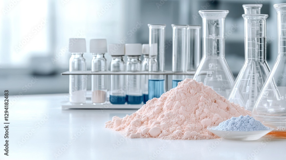 Aufkleber laboratory setup with various chemical containers and colored powders for experiments during a resea