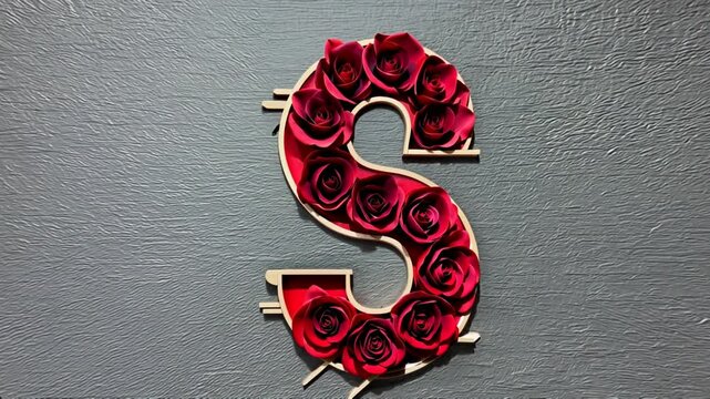 Rotating red rose dollar sign on textured grey background animation