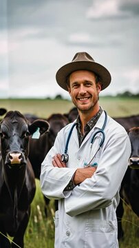 veterinarian examines cows in the background