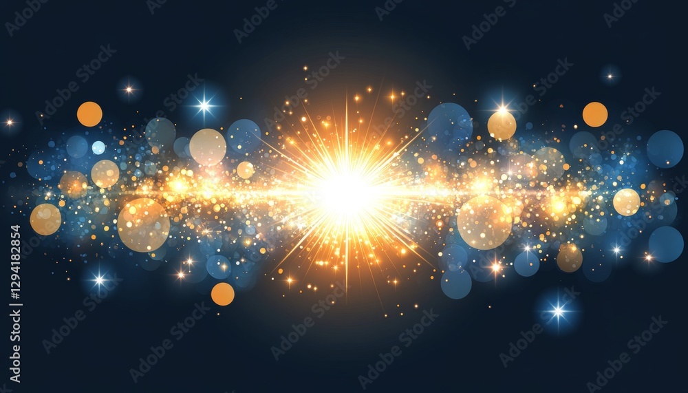 Poster sparkling collision convergence of blue and orange lights with bokeh effect on dark background