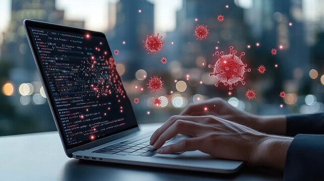 Cybersecurity experts analyze malware threats while working at a modern office during evening hours as urban skyline lights shine in the background