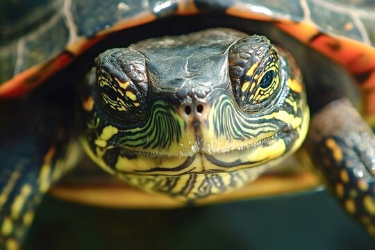 Close-up of a painted turtle reveals the intricate patterns and vibrant colors of its head and shell, highlighting the beauty and detail of this aquatic reptile