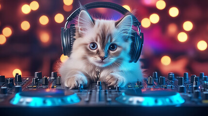 Cat wearing headphones, cat enjoying music, cat with stylish headphones