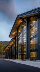 Obraz premium Modern architectural design of a large glass-fronted building at dusk in a mountainous area with illuminated interiors