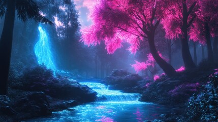 A surreal landscape where the trees glow with neon blue and pink hues, a magical river flowing with liquid light