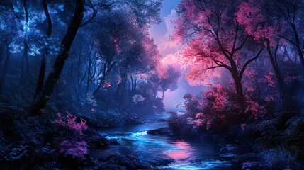 A surreal landscape where the trees glow with neon blue and pink hues, a magical river flowing with liquid light