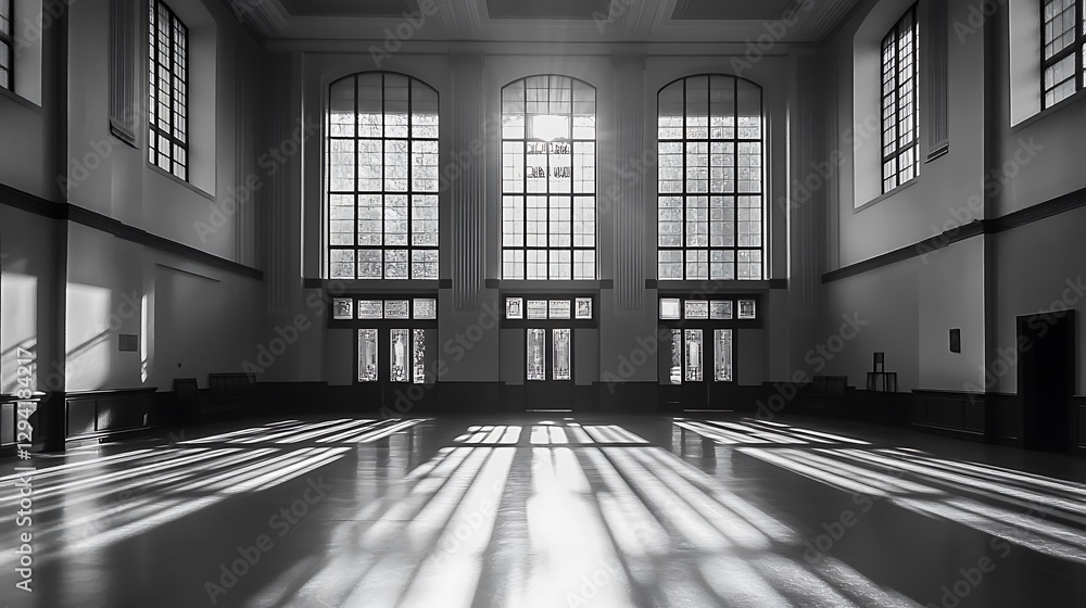 Poster sunlight streaming through arched windows creates shadow pattern on floor