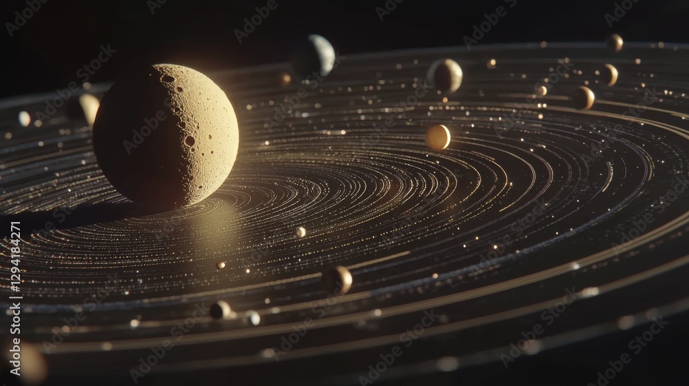 Poster detailed cosmic model showing various planets in orbit with artistic lighting and unique textures fo