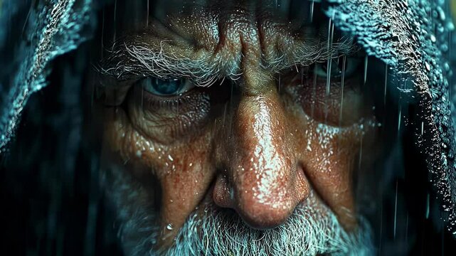 Old man in black hood wanders through the rain soaked streets during a storm in the late afternoon hours