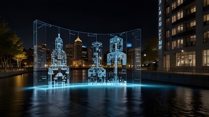 Floating AI interface with 3D projections in an urban setting