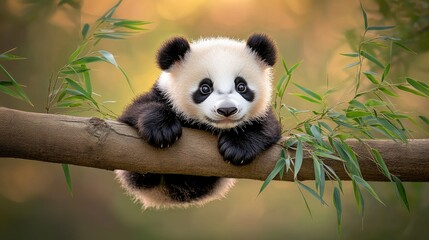 Fototapeta premium A charming panda relaxes on a sturdy branch, enveloped by lush green bamboo in a beautiful natural setting at golden hour