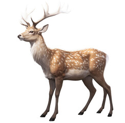Fototapeta premium Fallow Deer illustration. Brown deer with white spots stands. Painting of animal with large antlers isolated cutout on transparent background.