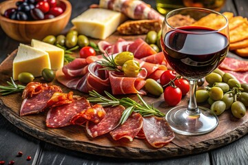 Delicious Italian & Spanish Antipasto Platter with Red Wine on Slate Board