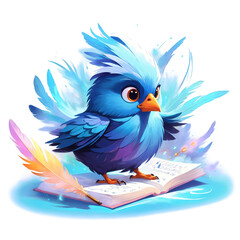 Blue bird writing on open book with quill pen. Cute cartoon style animal illustration against black background.