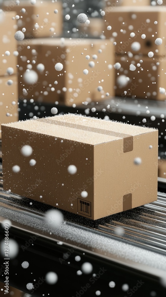 Poster boxes move along a conveyor belt in a busy warehouse during a distribution process on a typical work