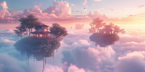 Surreal floating islands above clouds at sunset with vibrant colors and dreamlike scenery.