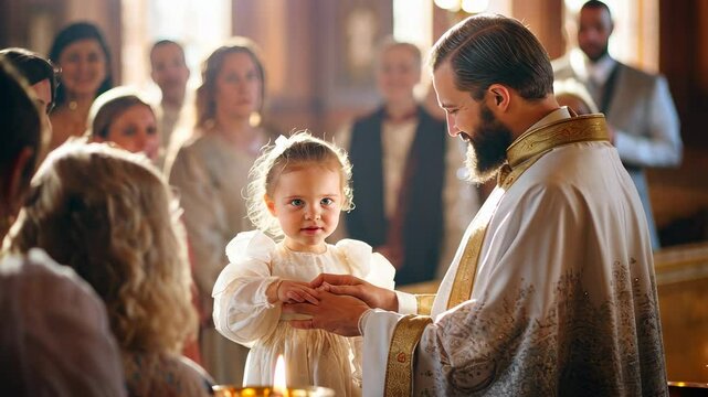 a child is baptized in water in a Christian church, a religious rite, a sacrament, Orthodoxy, Catholicism, a temple, a priest, baptism, christening, immersion, Epiphany