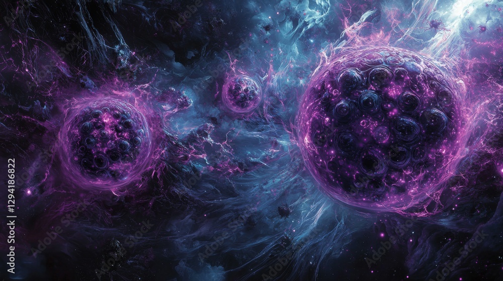Poster celestial phenomenon of colorful cosmic spheres glowing in a deep expansive universe with ethereal s