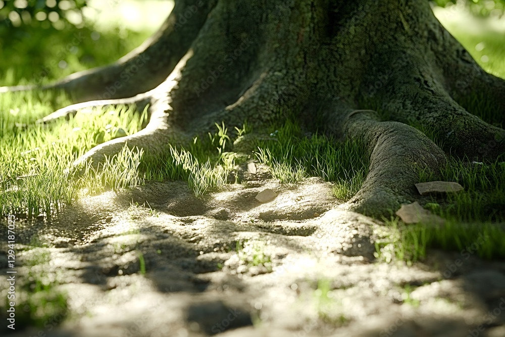 Aufkleber sunlight filters through leaves, illuminating the base of a large tree with prominent roots embedded