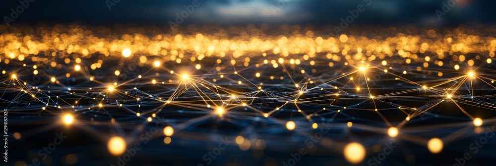 Poster abstract golden network background, glowing points and lines, technology and data connection concept