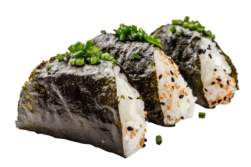 Onigiri Rice Balls. Japanese Cuisine. Healthy Vegan Snack With Nori Seaweed And Sesame Seeds On A Black Background