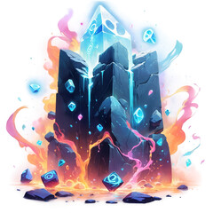 Glowing blue crystal structure surrounded by floating gems and colorful smoke. Dark background and magical atmosphere. Digital art.