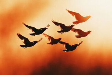 Fototapeta premium Silhouetted Flock of Birds in Flight Against Vibrant Sunset Sky