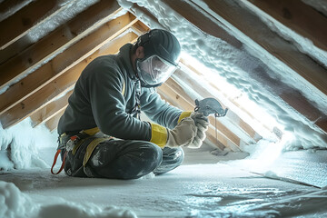 Worker Applying Insulation in an Attic with Protective Gear