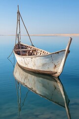 A traditional wooden fishing boat with sun-bleached and cracked surfaces, moored in calm waters
