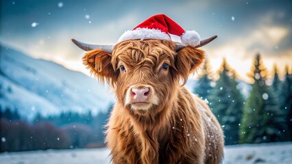 Minimalist Highland Calf in Santa Hat, Snowy Winter Scene