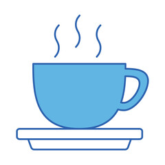 Flat vector illustration of a steaming blue cup on a saucer, perfect for hot beverages like coffee or tea, ideal for breakfast-themed designs, cafés, or relaxation graphics