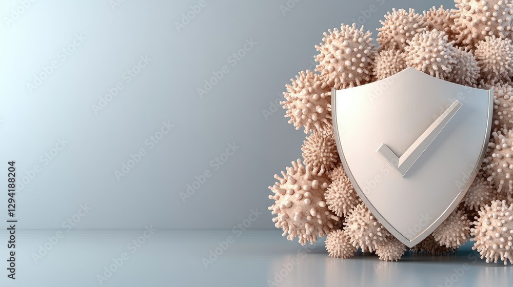 Poster a shield symbol representing protection against harmful pathogens, elegantly surrounded by various v