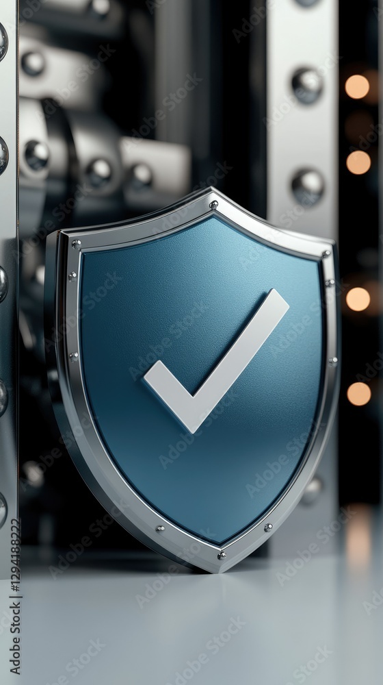 Poster secure shield emblem displayed prominently near a vault with illuminated details, emphasizing trust 