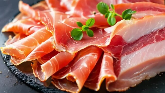 Thin slices of prosciutto with rosemary and peppercorns arranged on a dark slate surface
