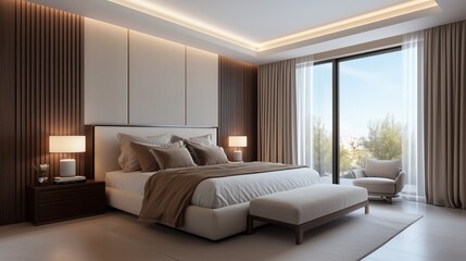 Serene Sanctuary: An inviting bedroom interior showcases a stylish design with a comfortable bed, elegant furniture, and large windows that provide views