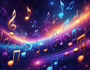 colorful 3d music notes floating in a starry cosmic backdrop with radiant purple and blue hues creating a futuristic enchanting ambiance ideal for musical themes