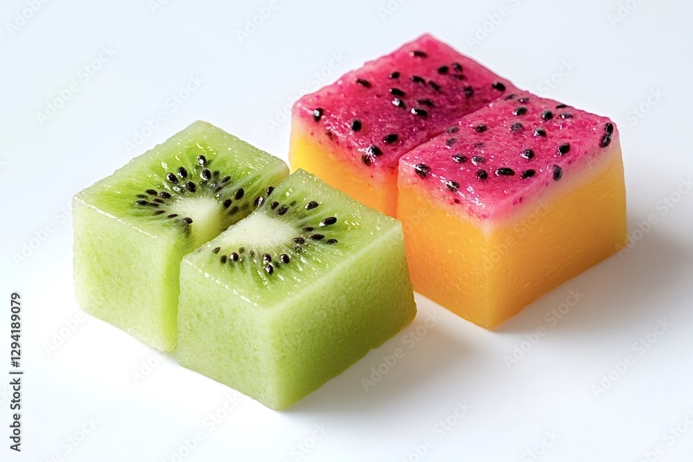 Poster kiwi and dragon fruit are cut into perfect colorful cubes, creating a visually appealing arrangement